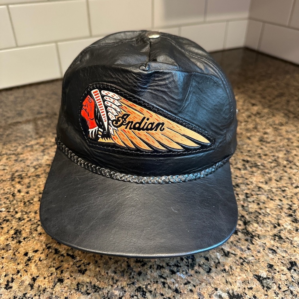 Indian Motorcycle Leather Baseball Cap Men's Adjustable Black Chief Logo Biker